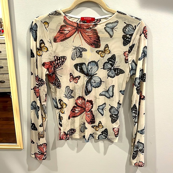 Guess Tops - GUESS Los Angeles Sheer Long Sleeve Butterfly Top, Y2K